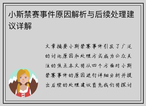 小斯禁赛事件原因解析与后续处理建议详解