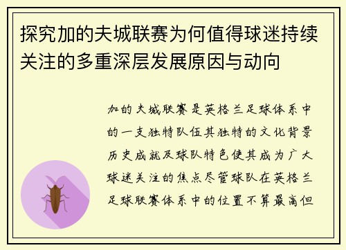 探究加的夫城联赛为何值得球迷持续关注的多重深层发展原因与动向