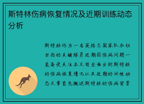 斯特林伤病恢复情况及近期训练动态分析